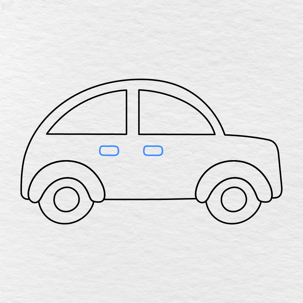 Step 7 Showing Two Small Rounded Door Handles Added Beneath The Car Windows.
