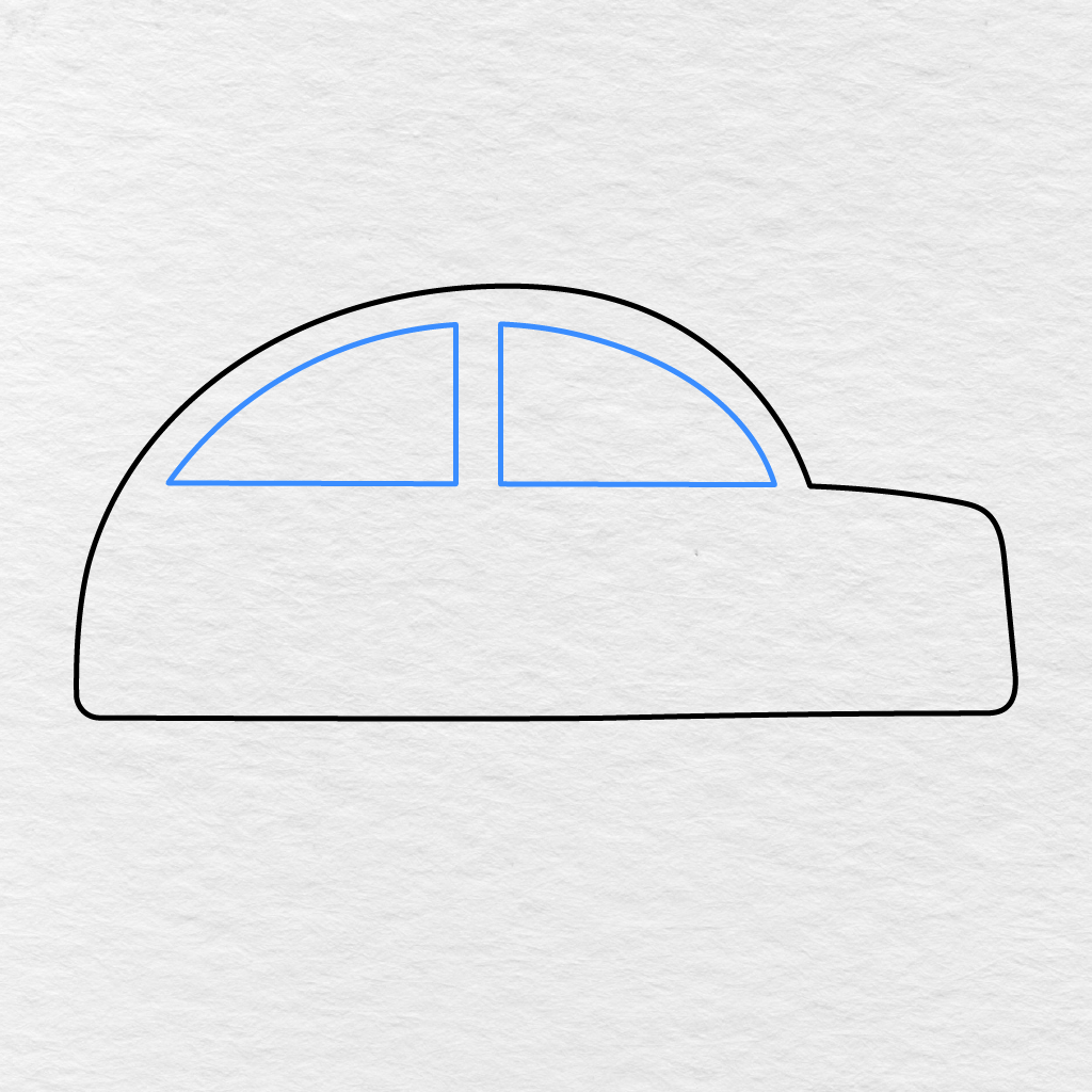 Step 3 Showing Two Large Windows Drawn Inside The Curved Car Roof.