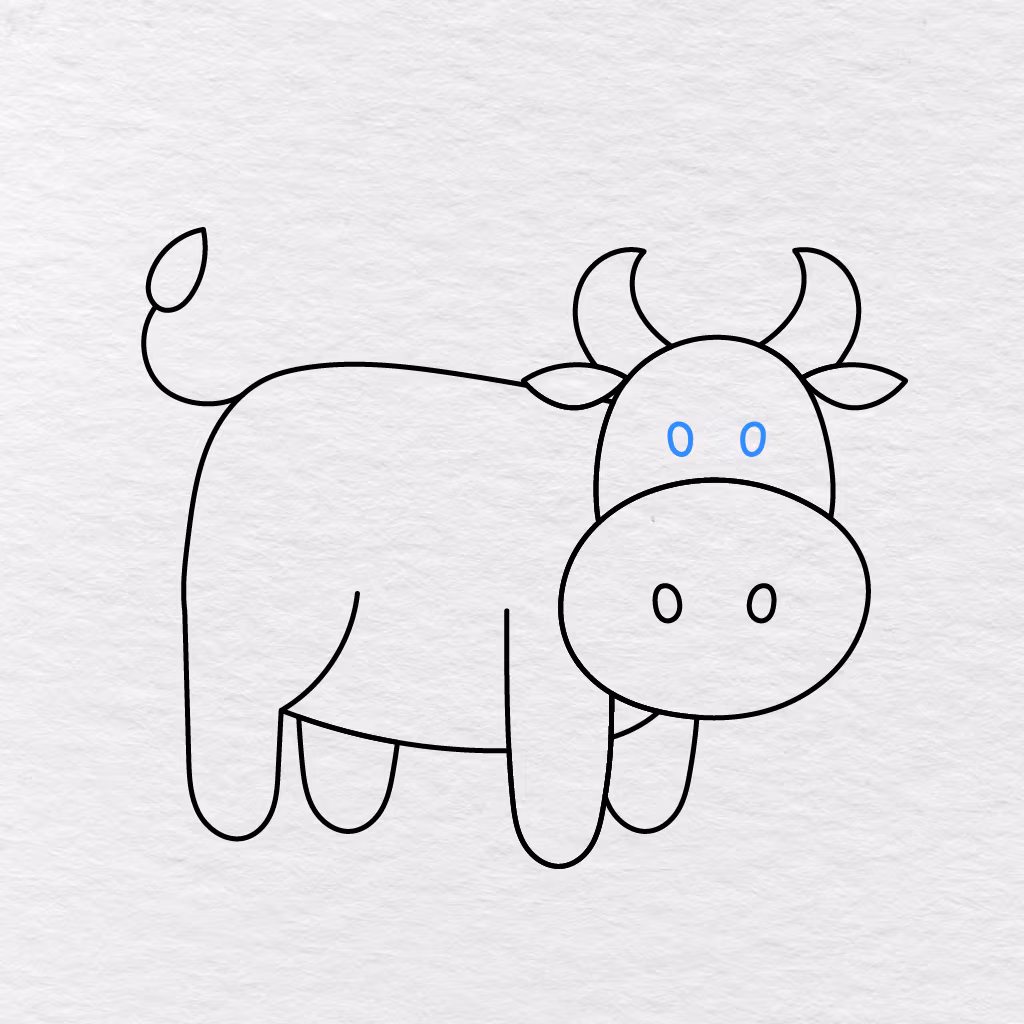 Step 10 Showing Two Oval Eyes Added Above The Cow's Muzzle.