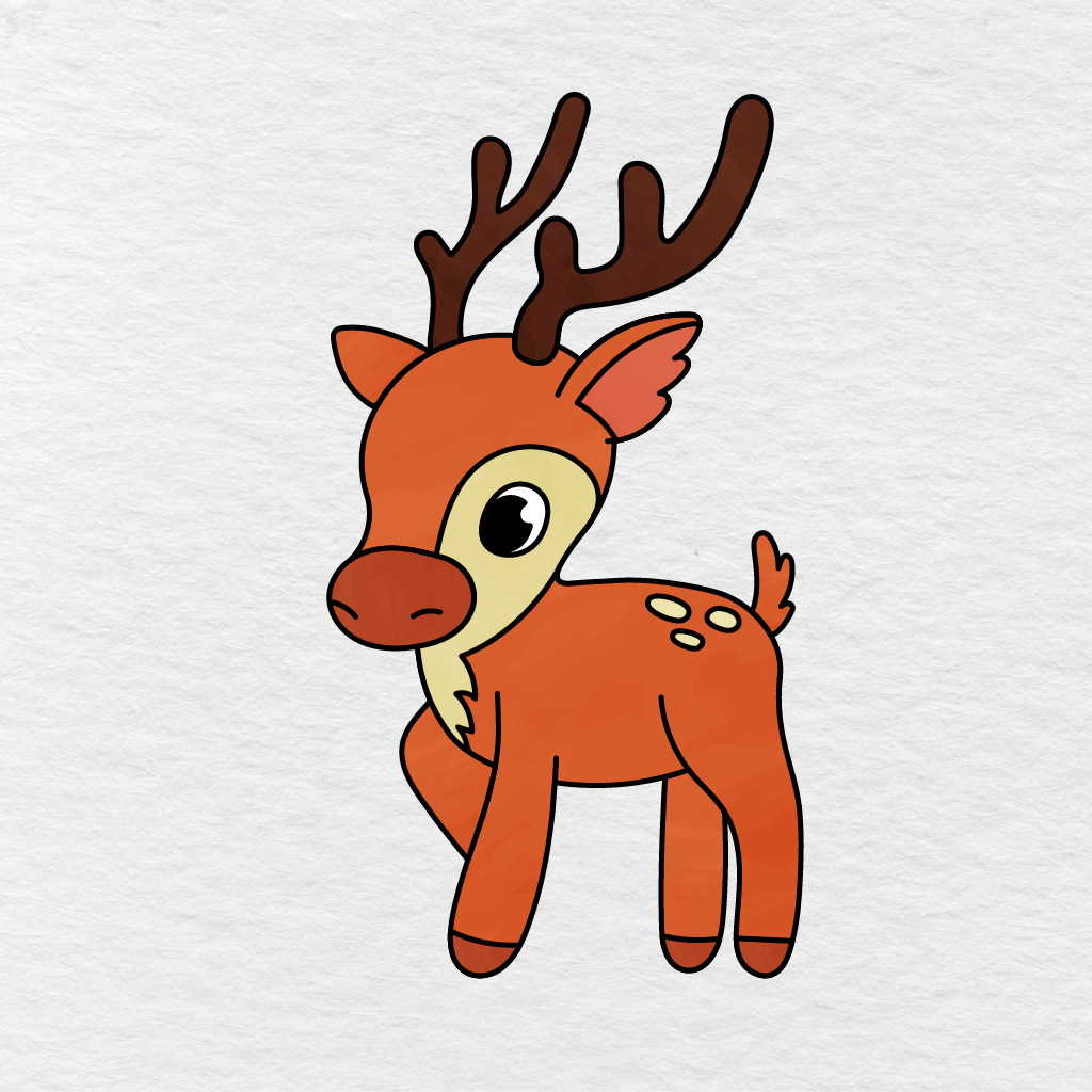 Finished Deer Drawing Colored Reddish Brown With Dark Antlers And Pale Yellow Details.