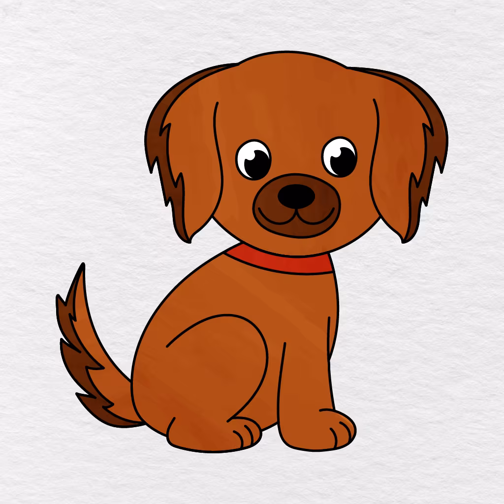 Step 13 Showing The Finished Dog Colored Brown With Darker Details And A Red Collar.