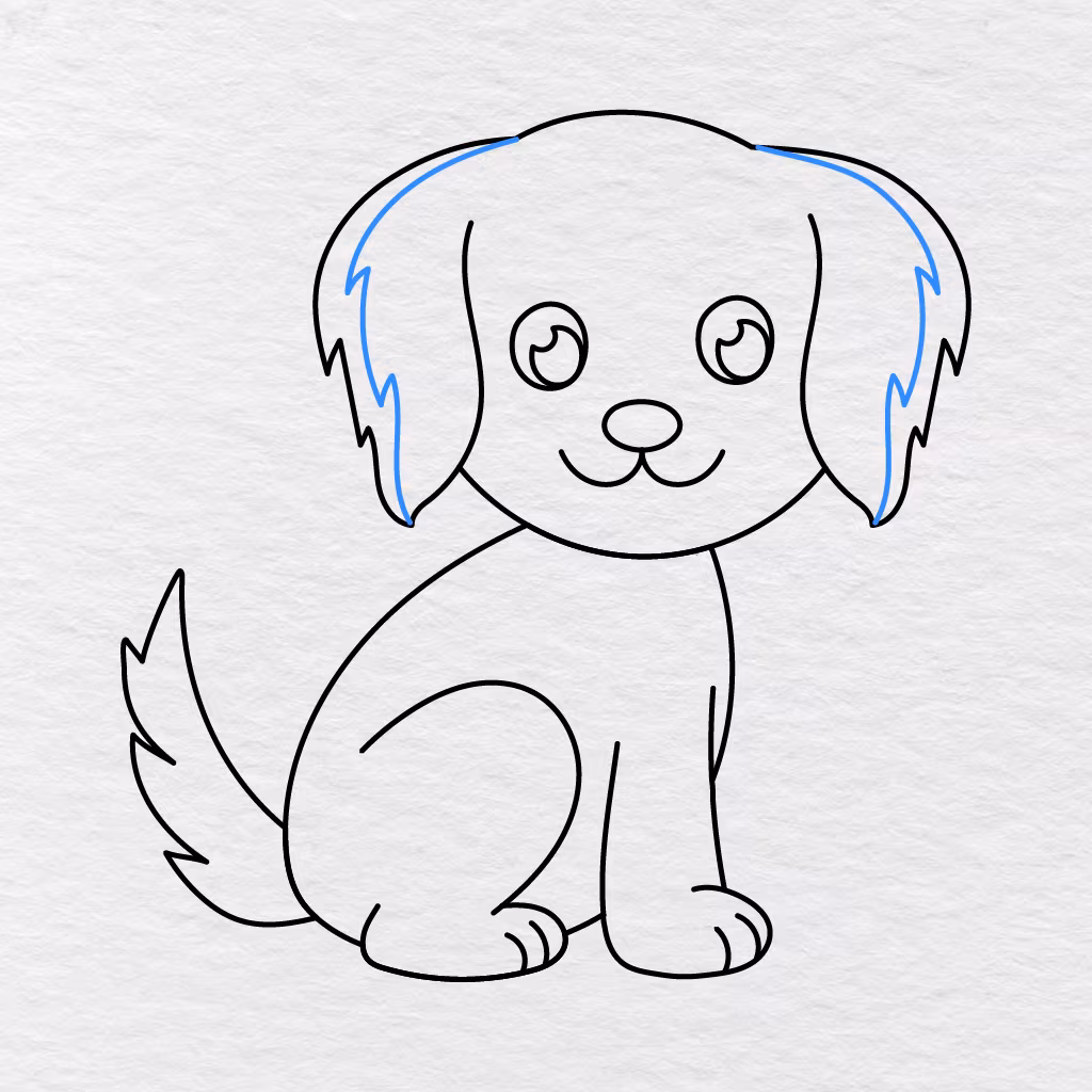 Step 9 Showing Additional Furry Outlines Added Around The Dog’s Floppy Ears.