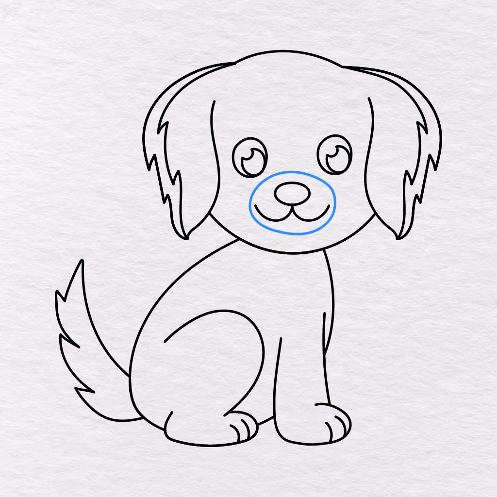 Step 10 Showing A Large Oval Drawn Around The Dog’s Nose And Mouth For The Muzzle.