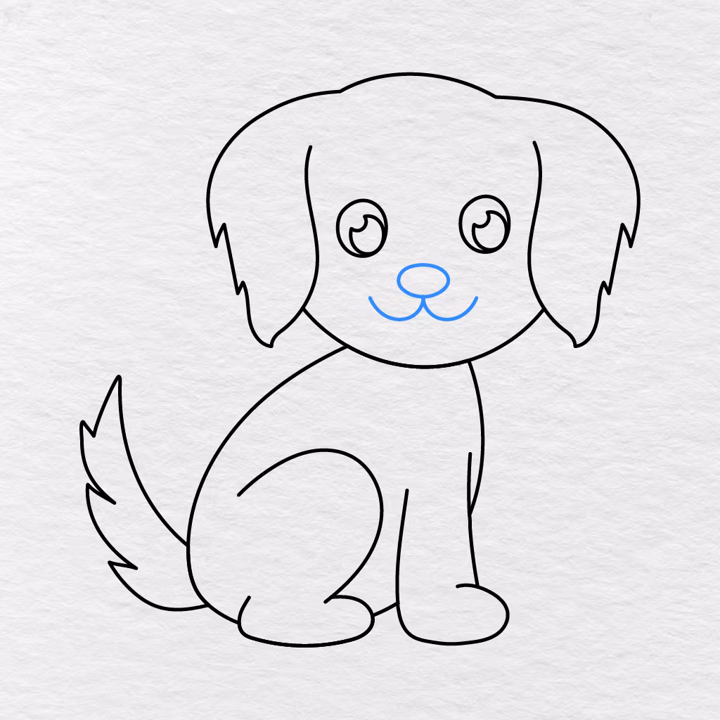 Step 7 Showing A Small Oval Nose And Two Curved Lines For The Dog’s Smiling Mouth.