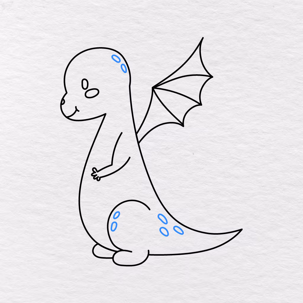 Step 9 Showing Small Oval Spots Added To The Dragon’s Head, Hind Leg, And Tail.
