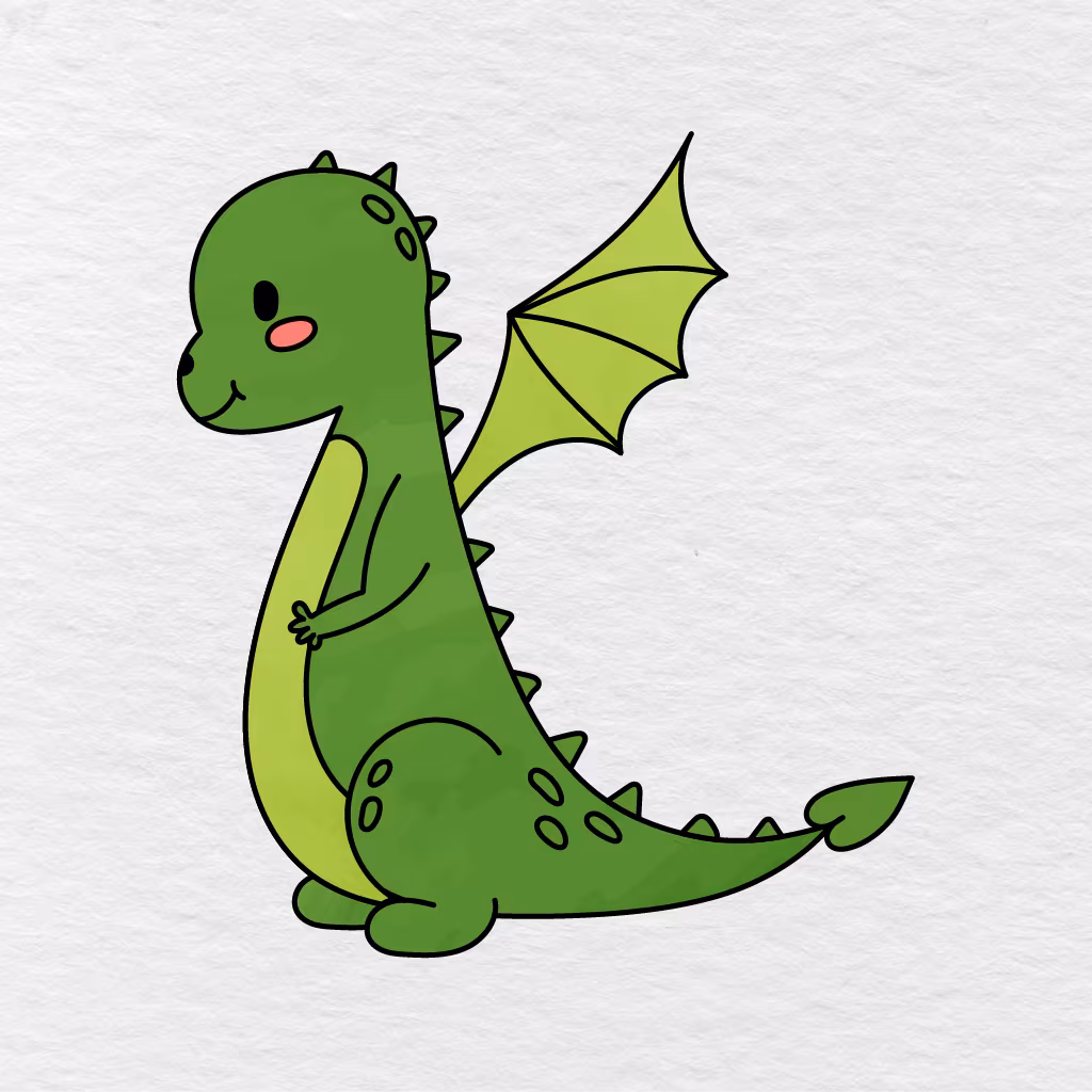 Step 13 Showing The Finished Dragon Colored Green With Darker Details And A Pink Cheek.