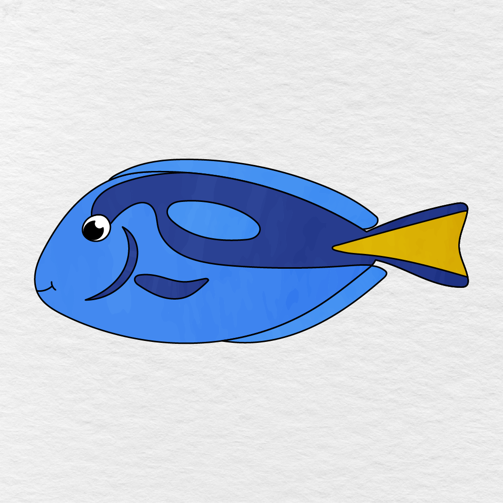 Step 12 Showing The Finished Fish Colored Blue And Yellow With A Black And White Eye.