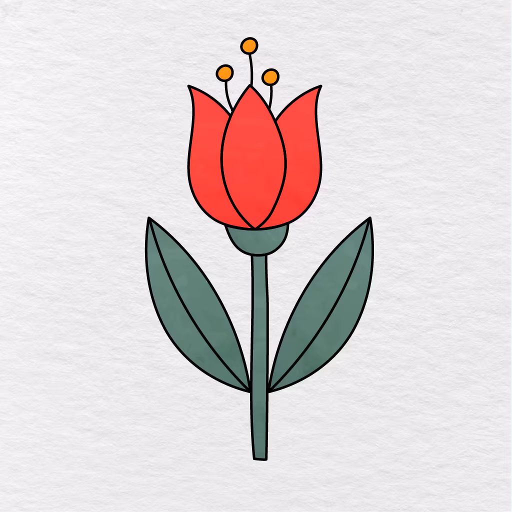 Step 9 Showing The Finished Flower Colored Red, Orange, And Green.