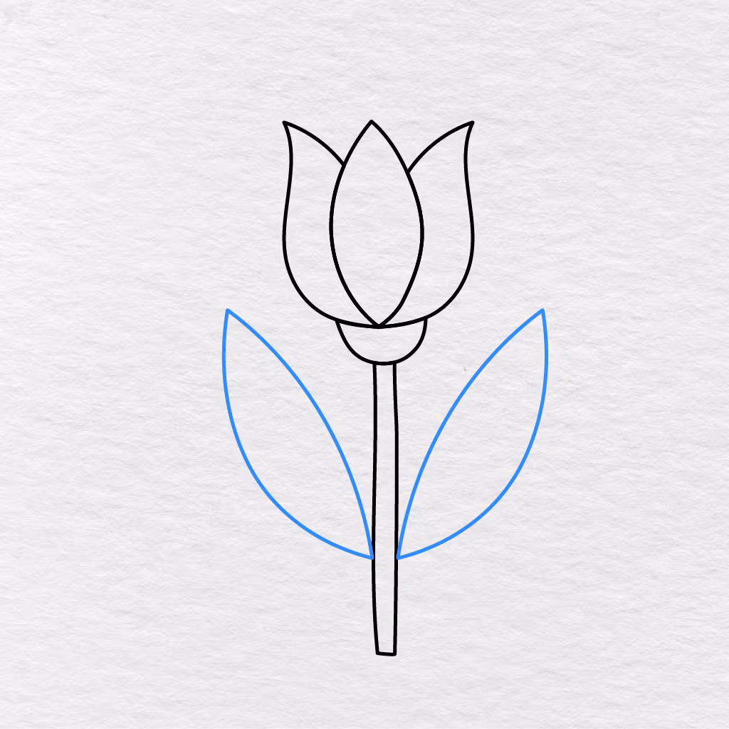 Step 6 Showing One Large Pointed Leaf Added To Each Side Of The Flower Stem.