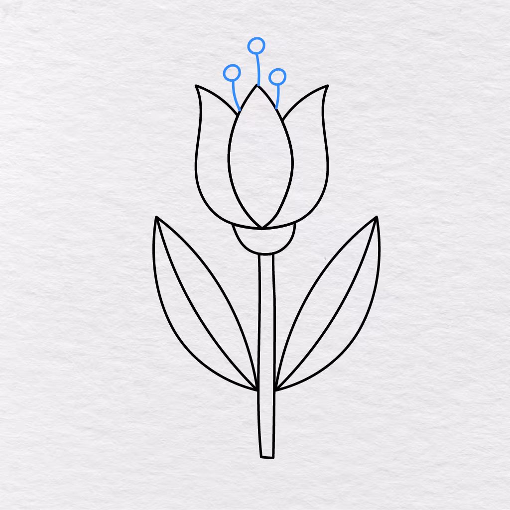 Step 8 Showing Three Stamens With Round Tips Added At The Top Of The Flower.