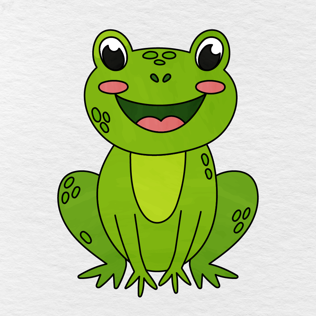 Step 16 Showing The Finished Frog Colored In Bright, Light, And Dark Shades Of Green.