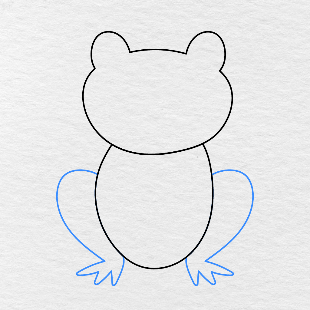Step 3 Showing Large Hind Legs And Wide Pointed Feet Added On Both Sides Of The Frog.