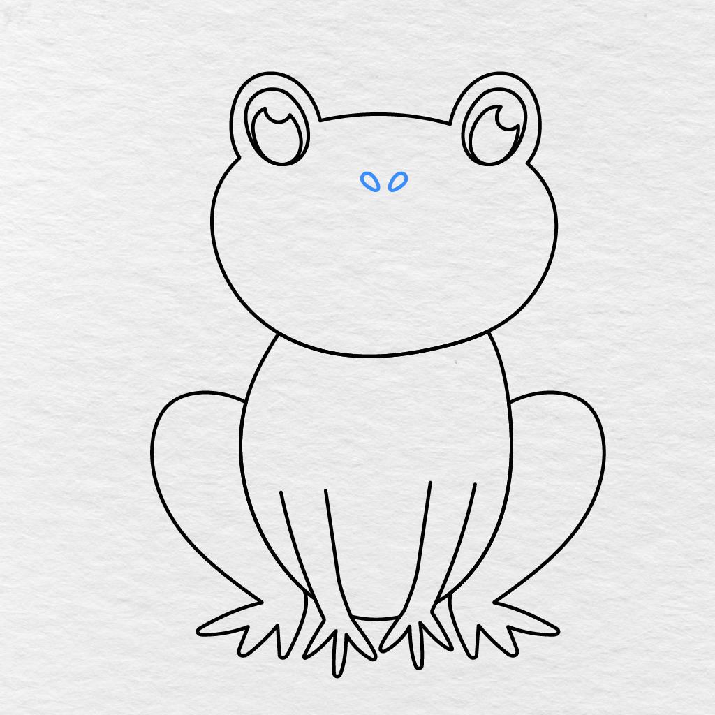 Step 7 Showing Two Small Tilted Nostrils Added Near The Center Of The Frog’s Face.