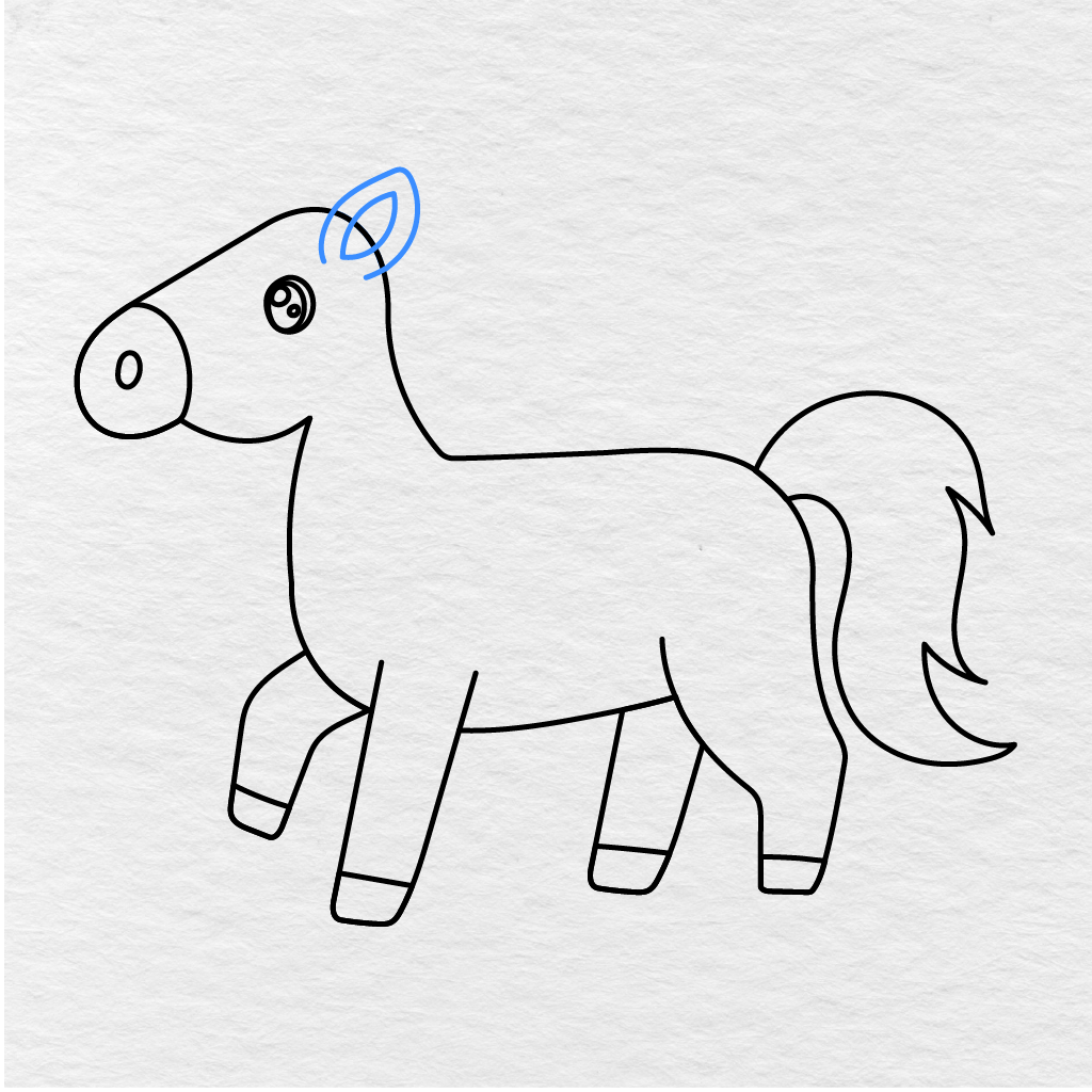 Step 10 Showing One Pointed Ear With A Smaller Inner Detail Added To The Horse’s Head.