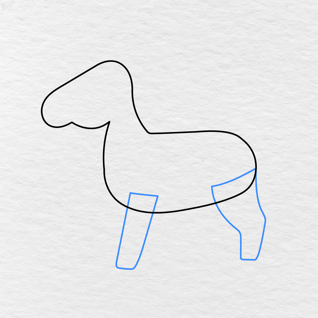 Step 3 Showing The First Long Front Leg And Bent Back Leg Added To The Horse’s Body.