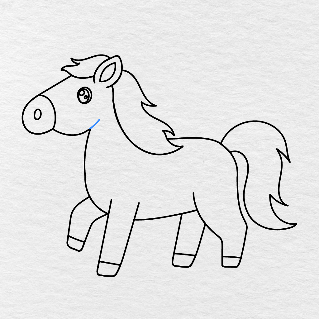 Step 12 Showing A Short Curved Mouth Added Near The Lower Part Of The Horse’s Face.