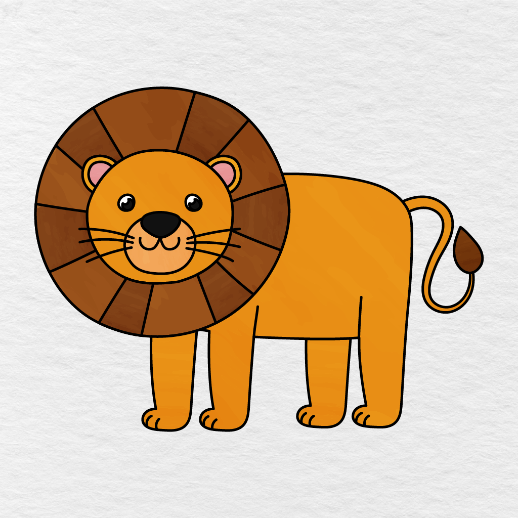 Step 14 Showing The Finished Lion Colored Golden Orange, Brown, Peach, Pink, And Black.