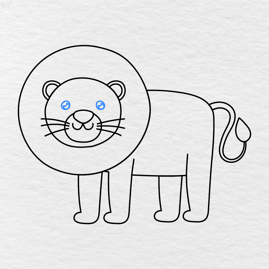 Step 11 Showing Two Small Eyes With Highlight Details Added Above The Lion’s Muzzle.