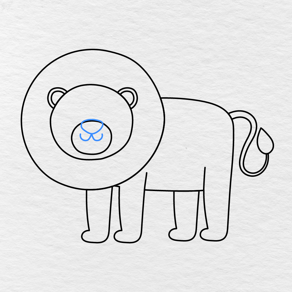 Step 9 Showing The Lion’s Rounded Nose And Two Curved Mouth Lines.