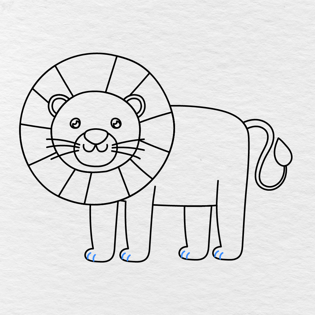Step 13 Showing Two Short Curved Toe Lines Added To Each Of The Lion’s Paws.