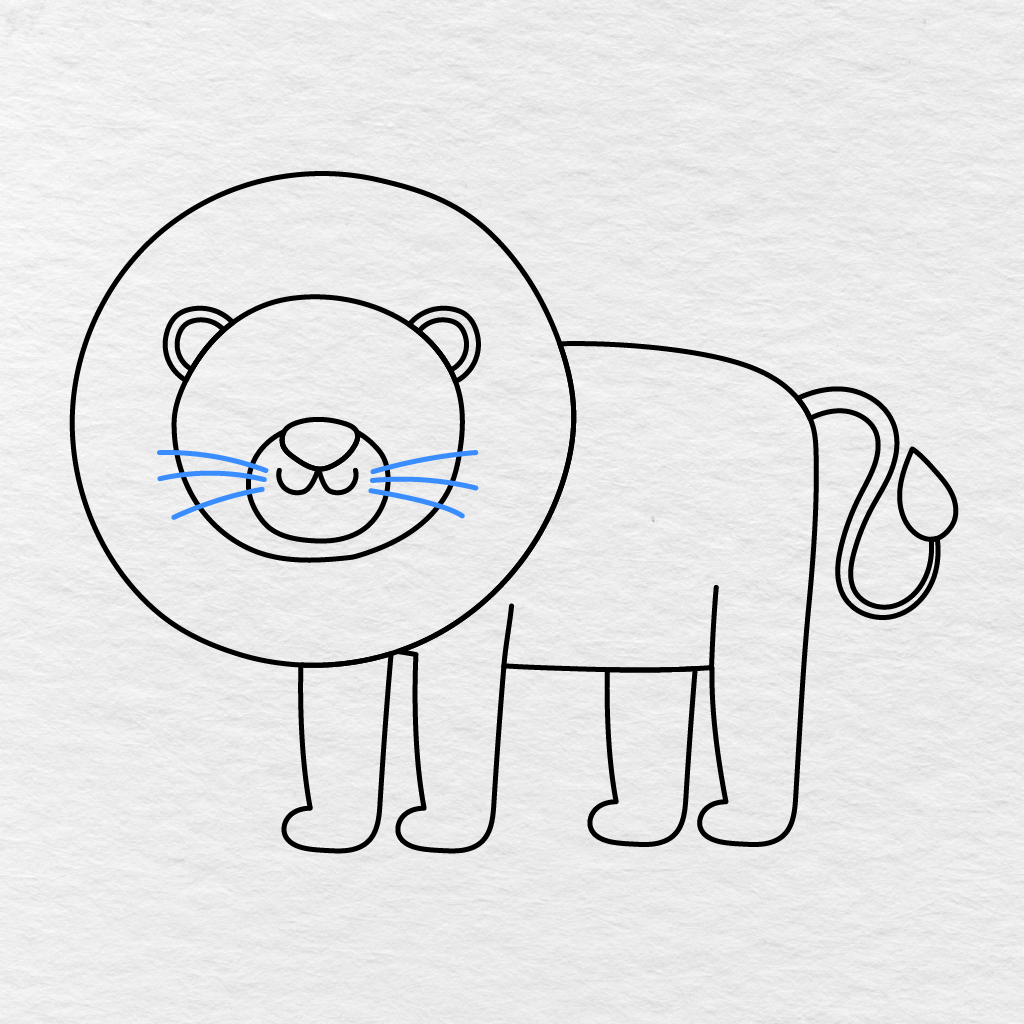 Step 10 Showing Three Long Whiskers Added To Each Side Of The Lion’s Muzzle.