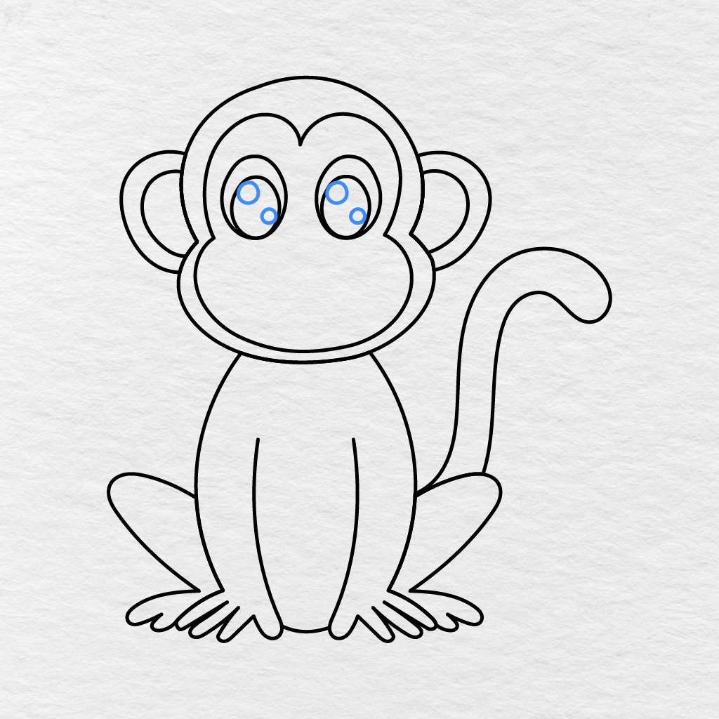 Step 10 Showing Two Circular Highlights Added Inside Each Of The Monkey’s Pupils.