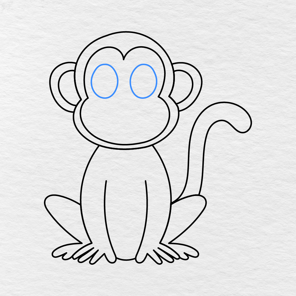 Step 8 Showing Two Large Oval Eye Outlines Added Inside The Monkey’s Face.