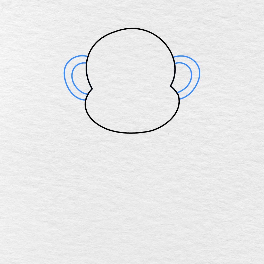 Step 2 Showing The Rounded Monkey Head Outline And Two Large Ears With Inner Details.