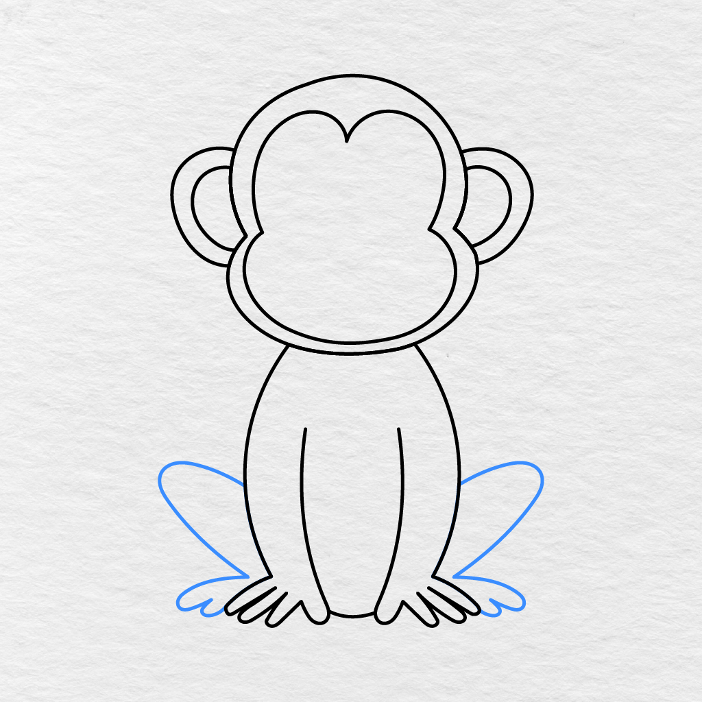 Step 6 Showing Two Bent Legs, Large Feet, And Rounded Toes Added To The Monkey.