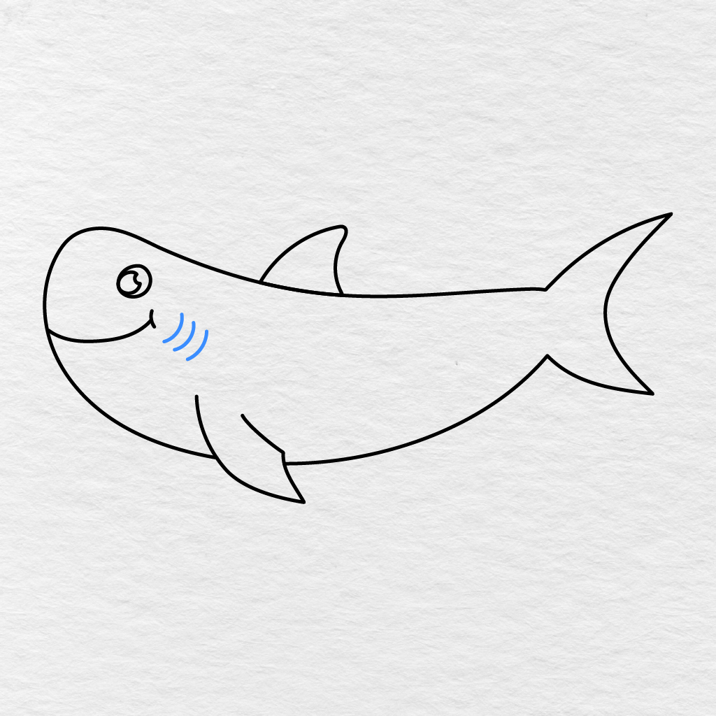 Step 7 Showing Three Short Curved Gill Lines Added Behind The Shark’s Mouth.