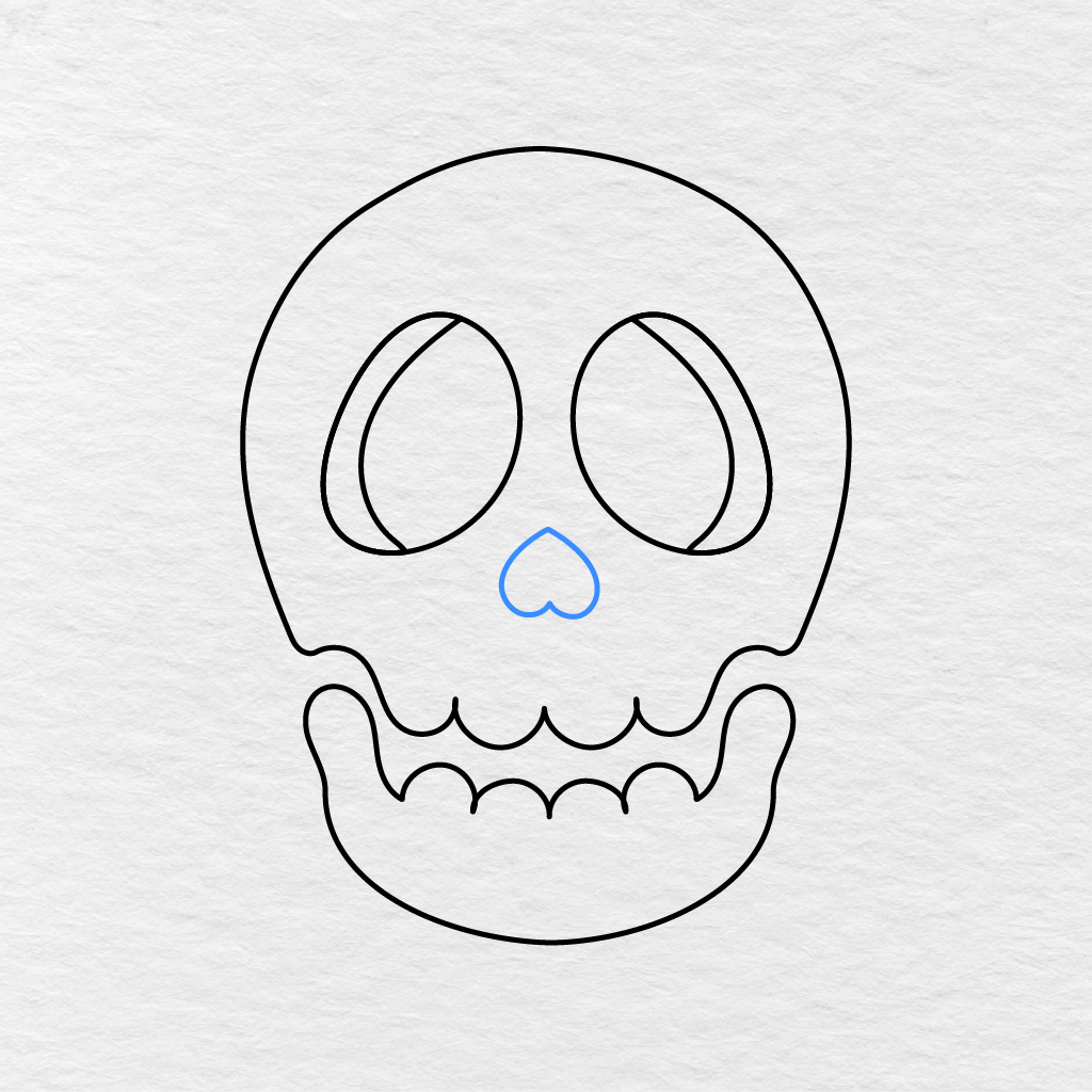 Step 7 Showing A Small Upside Down Heart Shaped Nose Added Between The Eye Sockets.