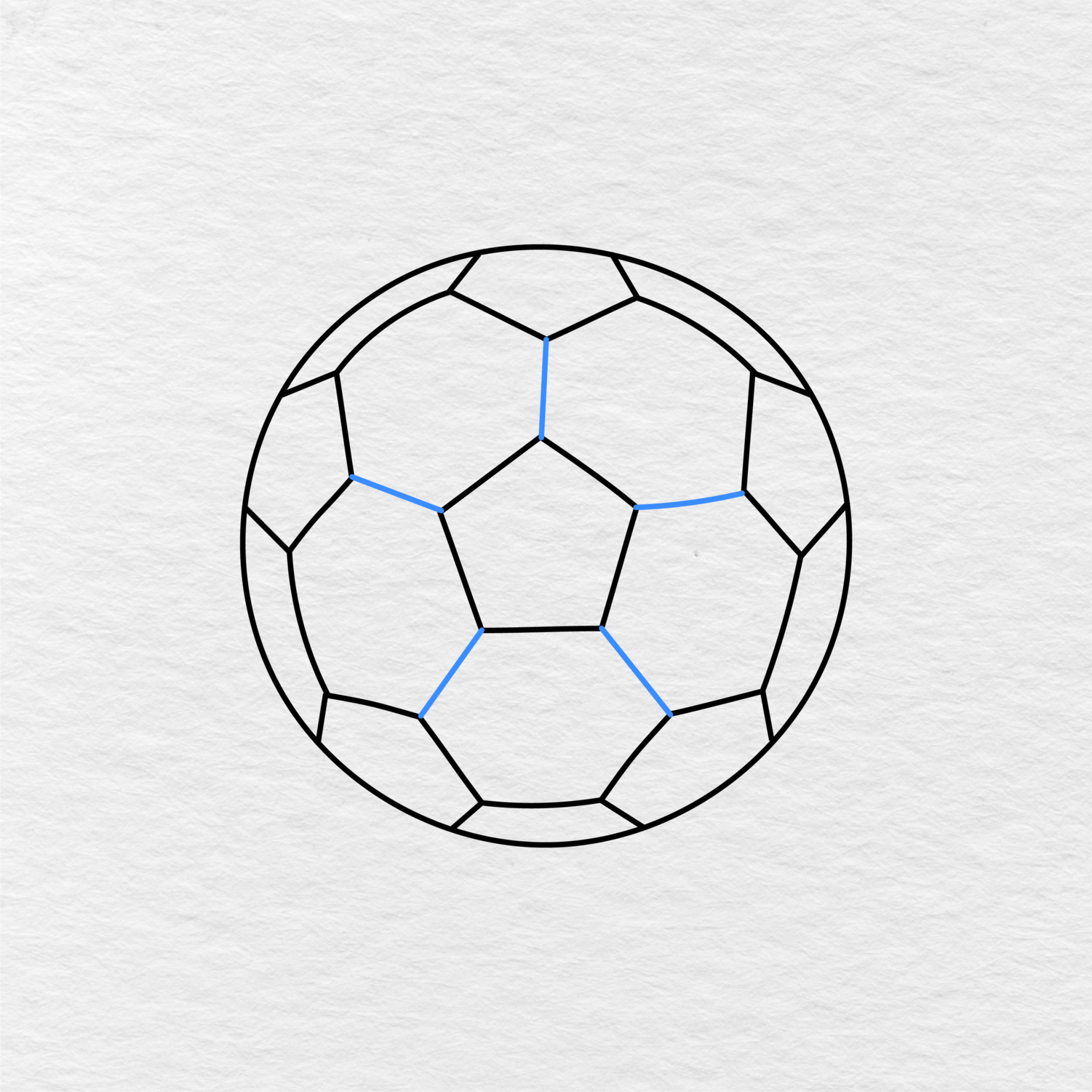 Step 6 Showing How To Draw A Soccer Ball With Five Lines Connecting The Center Pentagon To The Surrounding Panels.