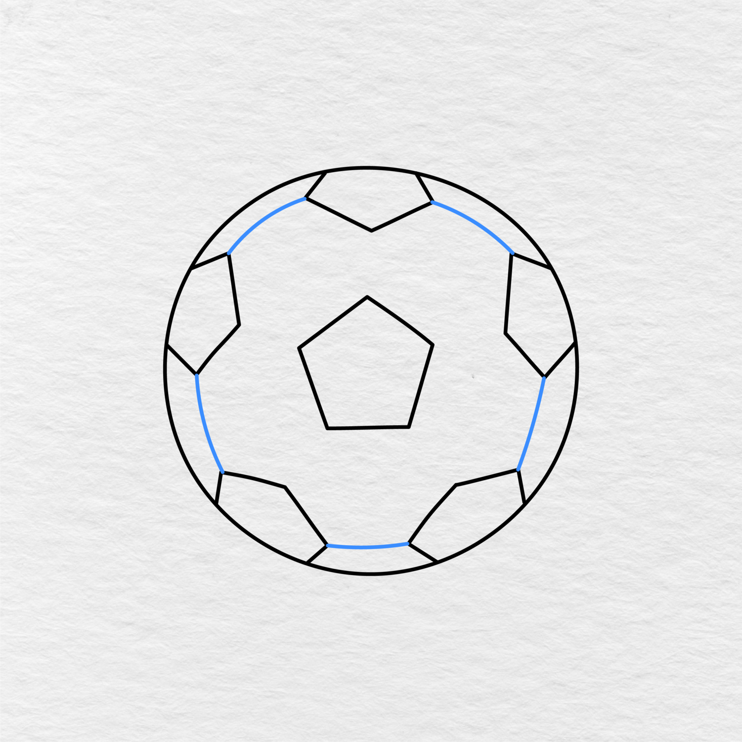 Step 5 Showing How To Draw A Soccer Ball With Five Short Lines Connecting The Outer Panels.