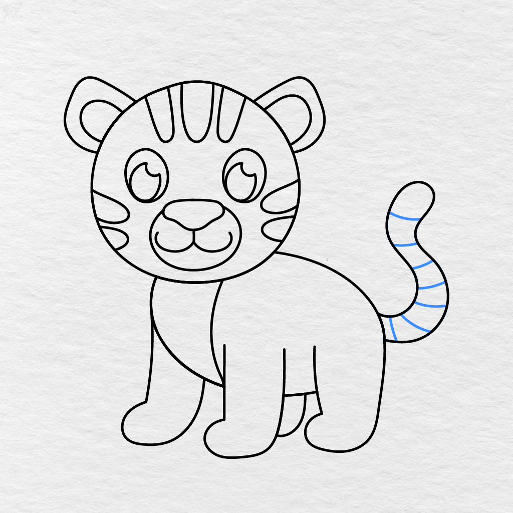 Step 11 Showing Curved Stripes Added Along The Full Length Of The Tiger’s Tail.