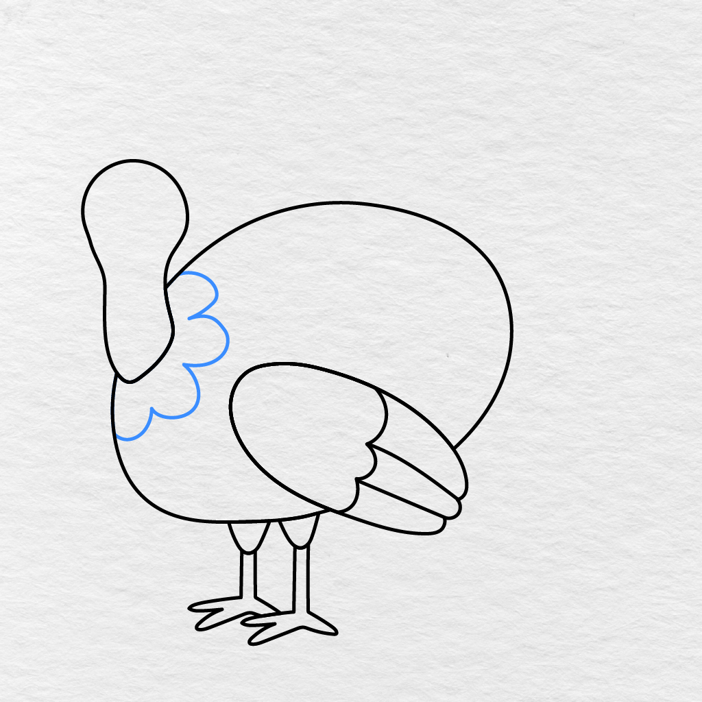 Step 7 Showing Connected Rounded Feathers Added Between The Turkey’s Neck And Body.