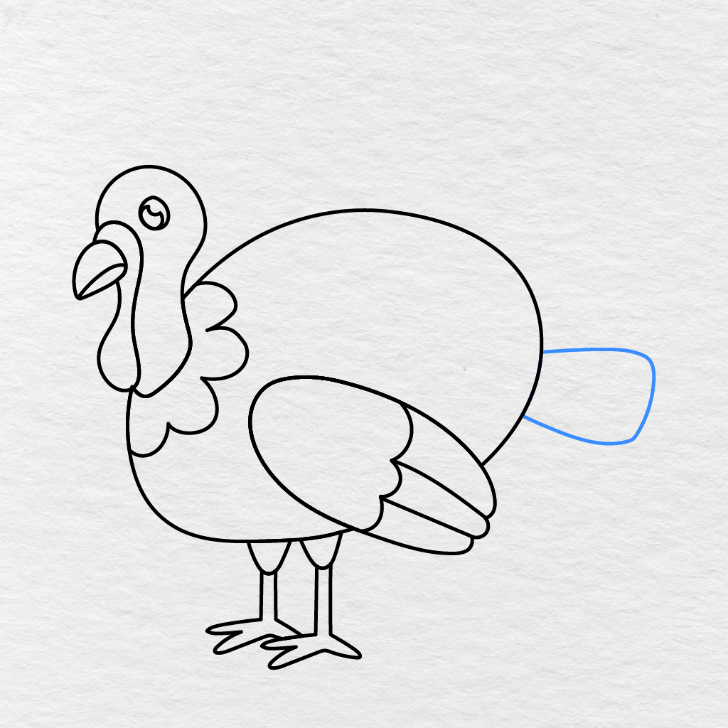 Step 11 Showing The First Large Rounded Tail Feather Added Behind The Turkey’s Body.