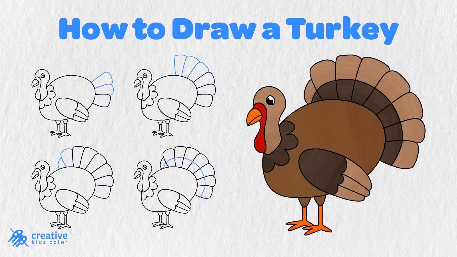 How To Draw A Turkey Step By Step In 16 Easy Stages With A Finished Brown And Orange Turkey.