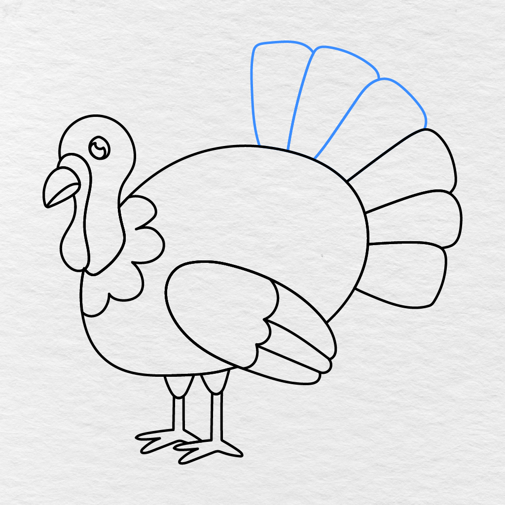 Step 13 Showing Three Large Upper Tail Feathers Added Behind The Turkey’s Body.