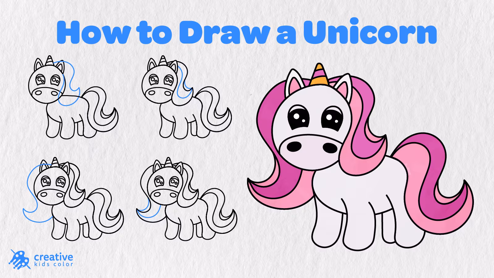 How To Draw A Unicorn Step By Step With Sample Drawing Stages And A Finished Pink Unicorn Drawing.