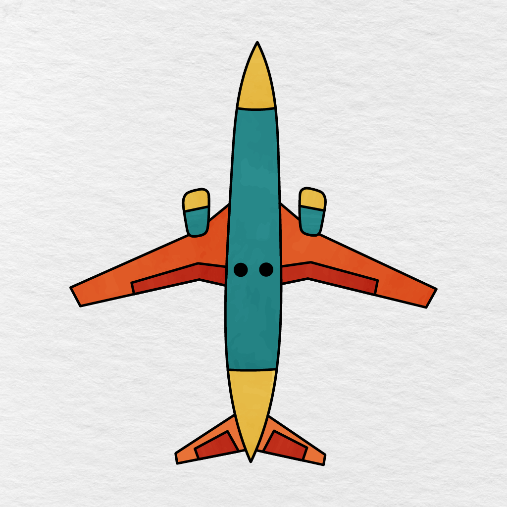Step 10 Showing The Finished Top View Airplane Colored Teal, Yellow, Orange, Red, And Black.