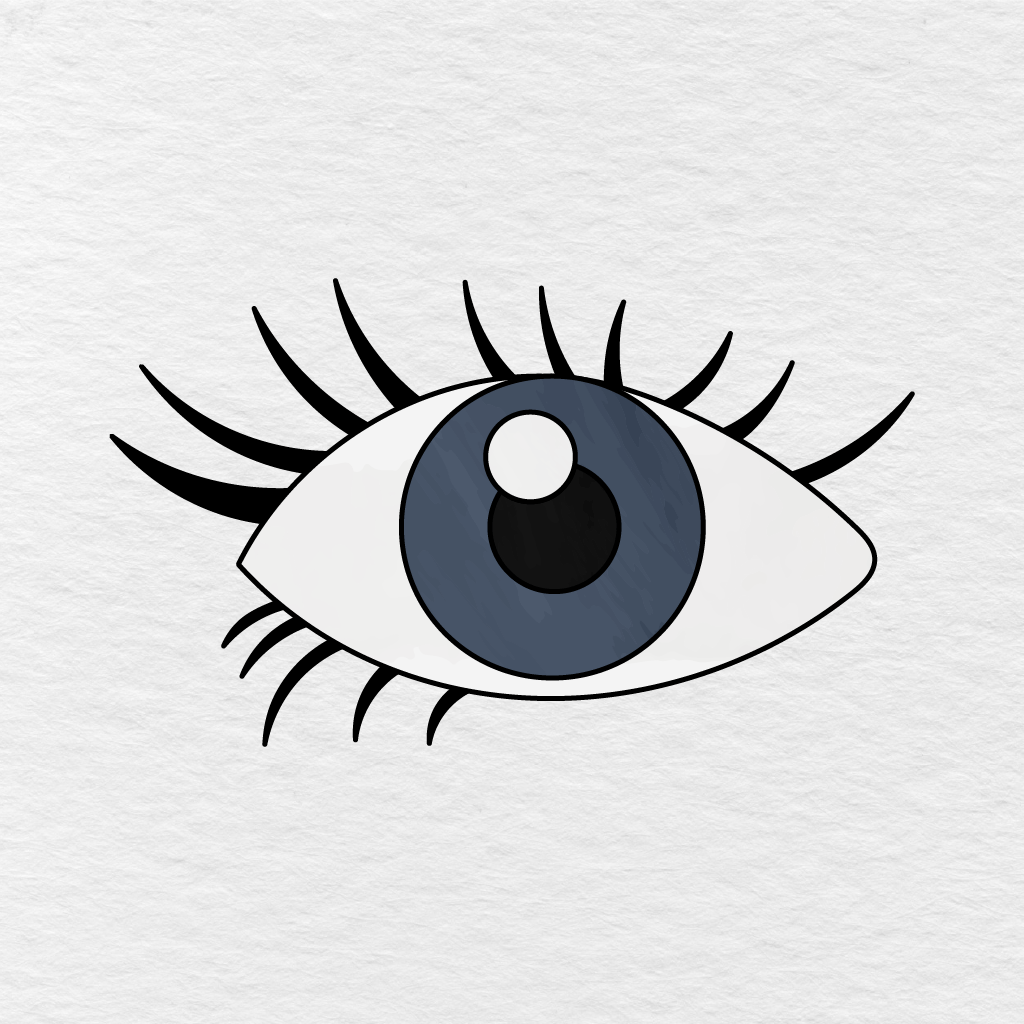 Step 9 Showing The Finished Eye With A Dark Blue Gray Iris, Black Pupil, White Highlight, And Black Eyelashes.