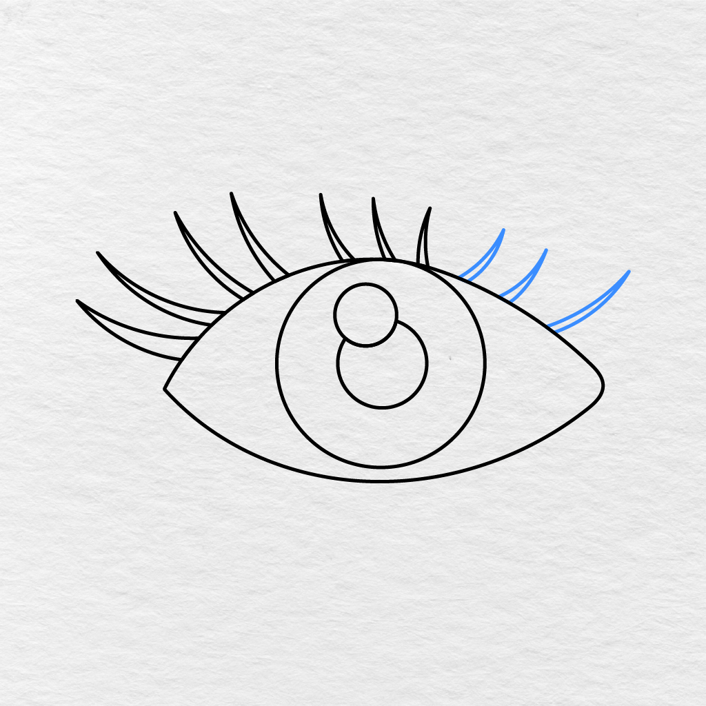 Step 7 Showing Three Curved Eyelashes Added Above The Right Side Of The Eye.