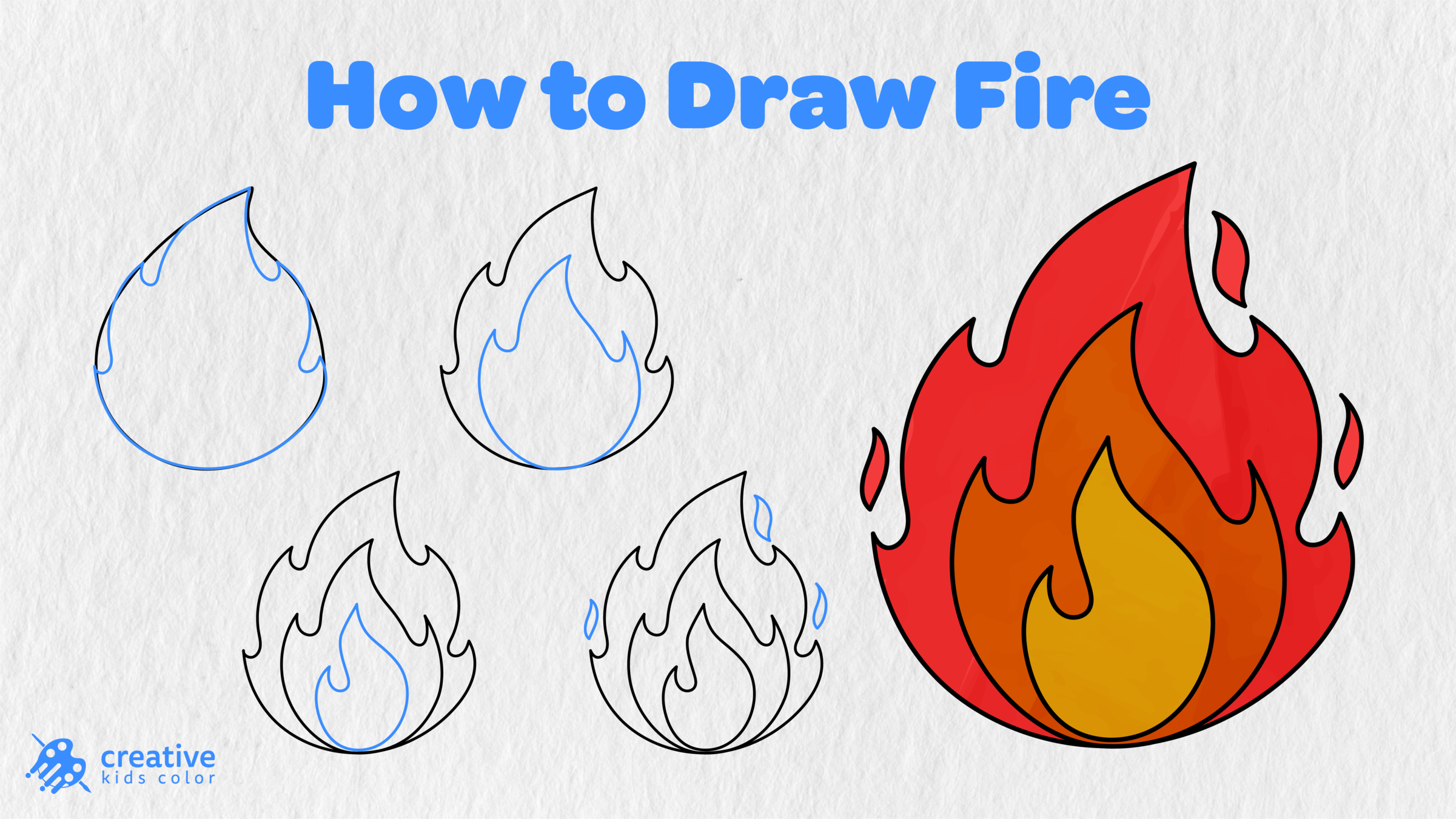How To Draw Fire Step By Step With Six Simple Stages And A Finished Colored Fire Drawing.