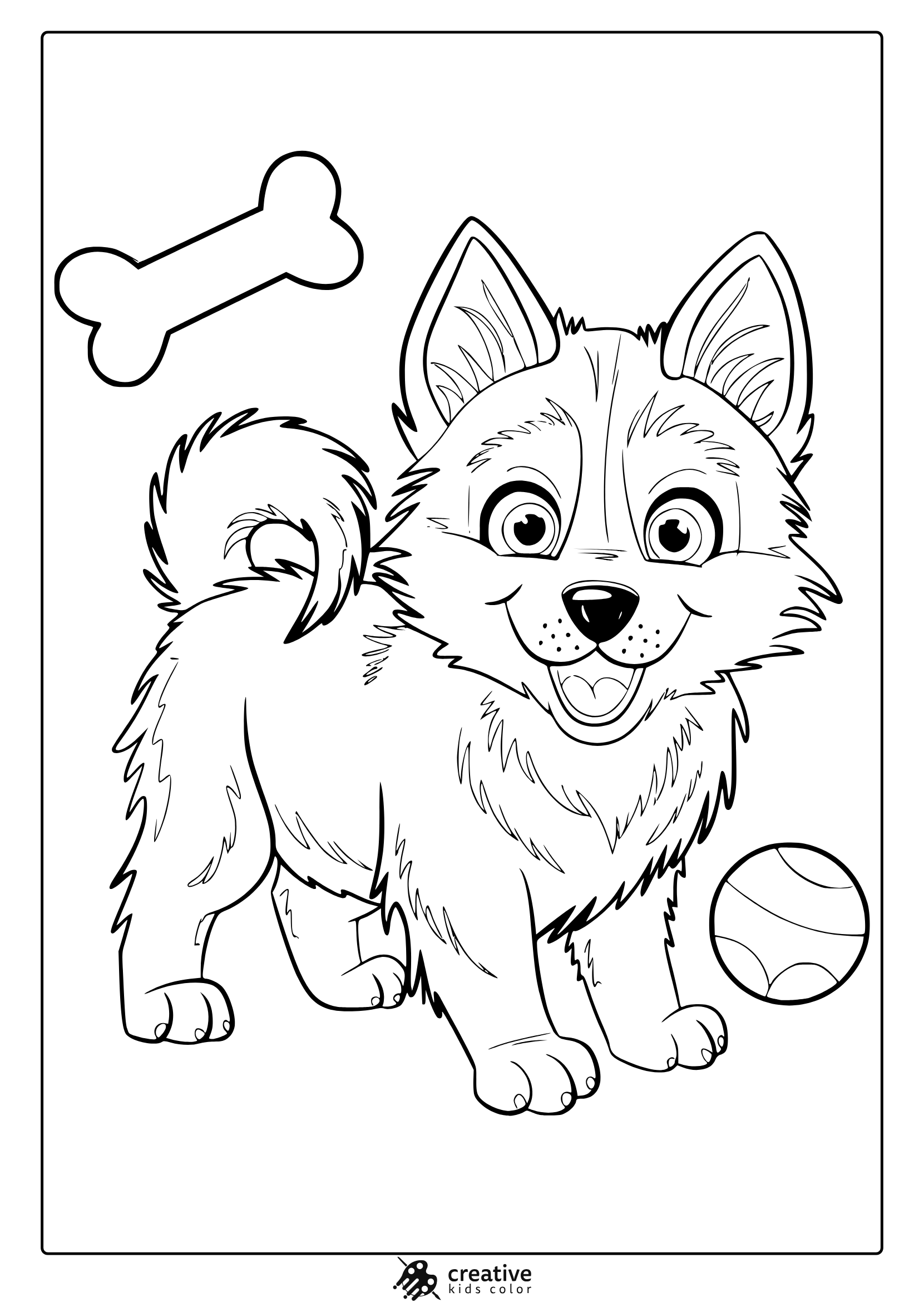 A Cartoon-Style Husky Puppy With A Bone And A Ball. A Fun Husky Puppy Coloring Page For Dog Enthusiasts.