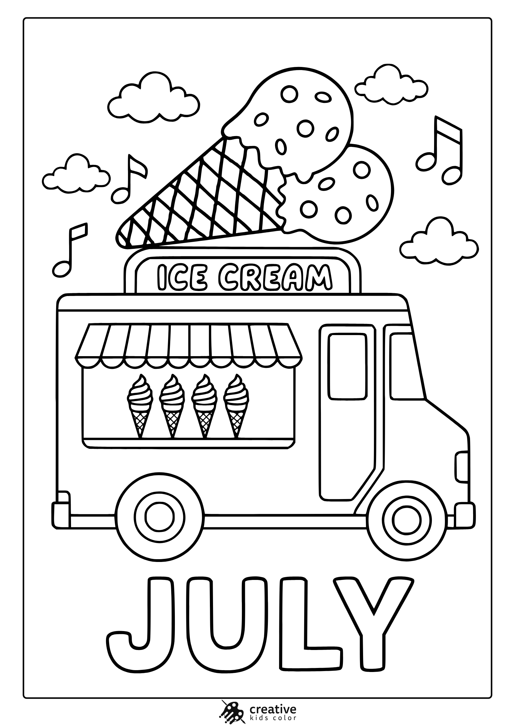 Ice Cream Truck Coloring Page With Cones, Awning, And Musical Notes For A Fun July Treat.