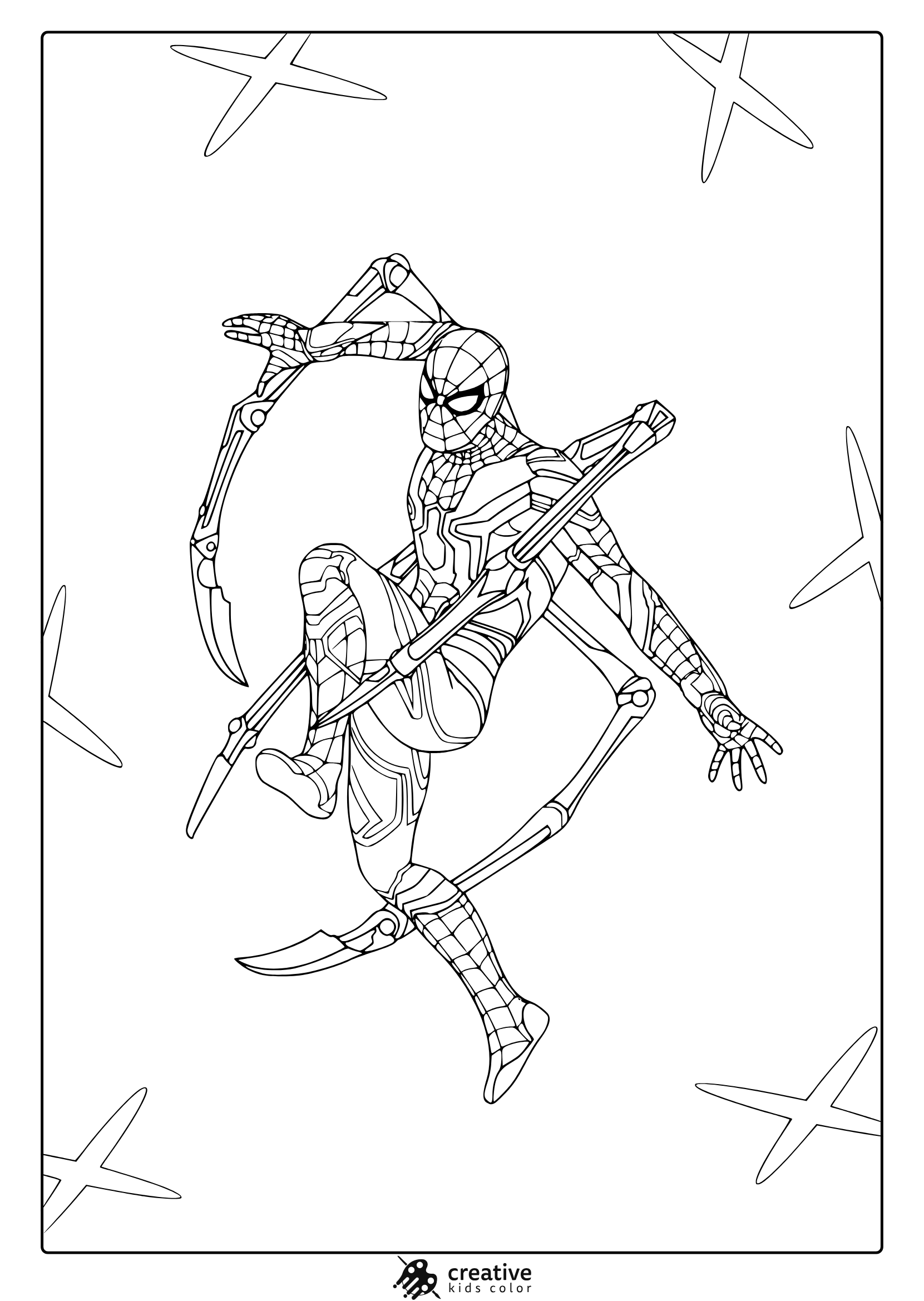 Iron Spider Coloring Page With Tech Suit, Mechanical Limbs, And Clean Action Pose.