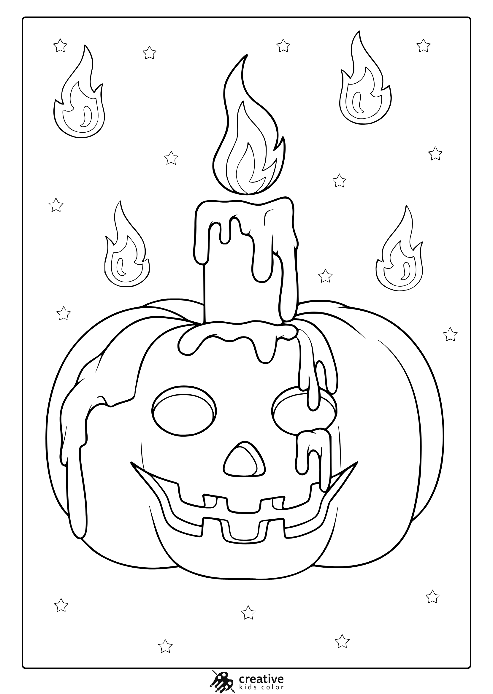 Jack O Lantern With Dripping Candle And Flames In A Spooky Halloween Coloring Page.