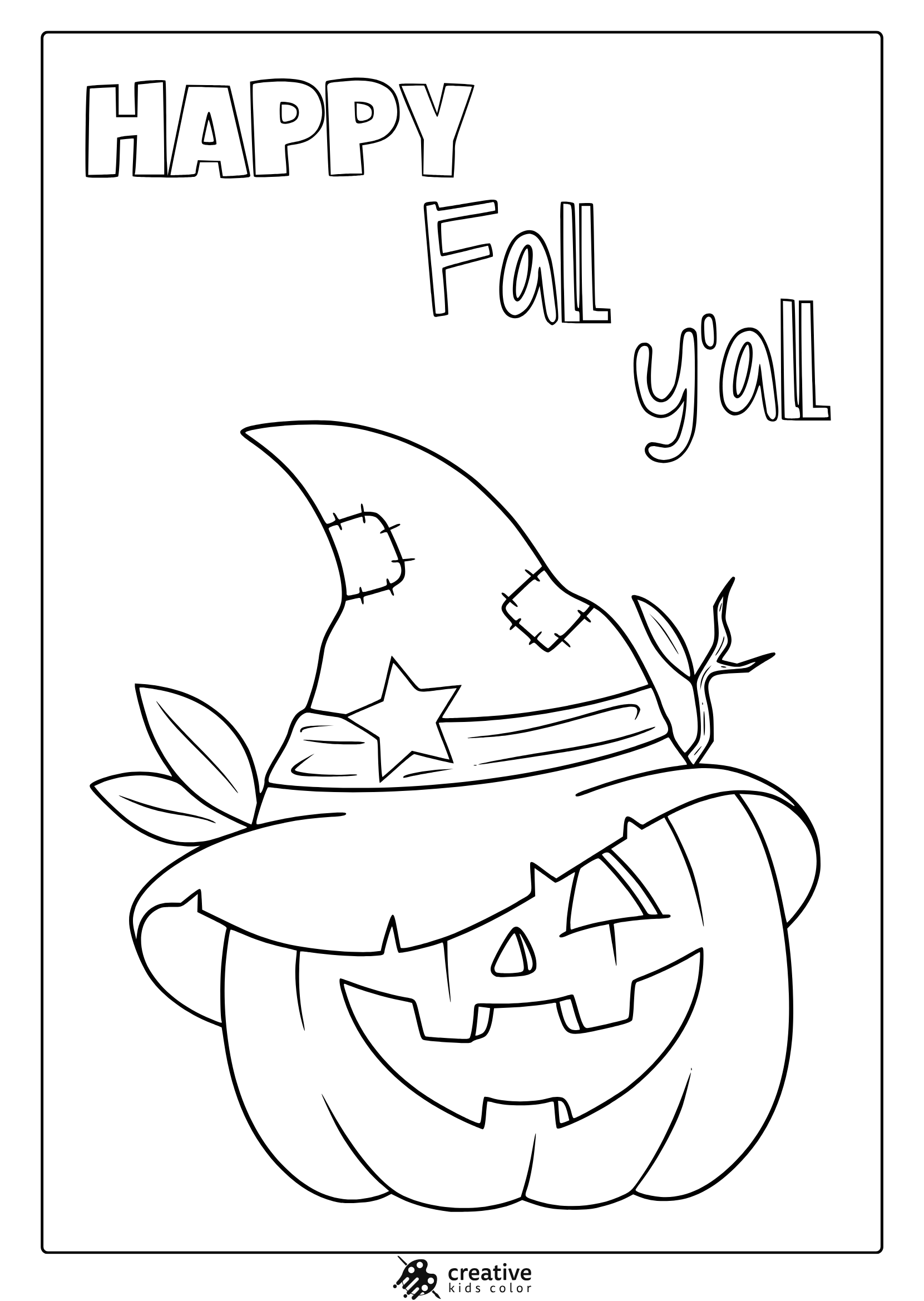 Jack O Lantern With Wizard Hat, Leaves, And Happy Fall Text In A Halloween Coloring Page.