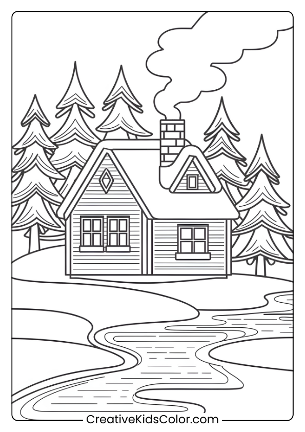 Cozy Wooden Cabin With Snowy Pine Trees And A Stream In This Relaxing January Coloring Page For Adults.
