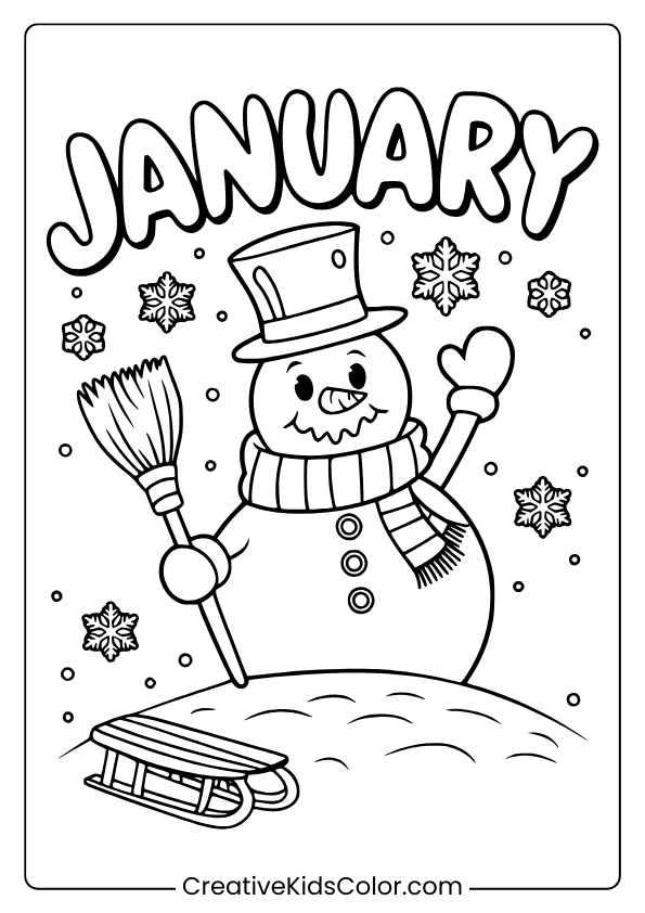 Smiling Snowman With A Sled, Broom, And “January” Text In A Snowy Winter-Themed Coloring Page For Kids.